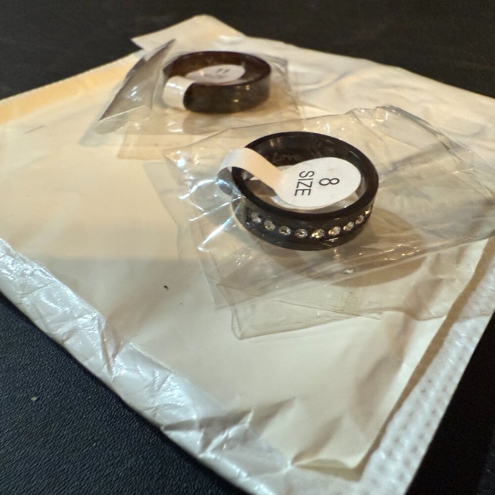 Couples Rings Set Womens Black w/Stones Sz 8/Mens Black Band Sz 11 (L)